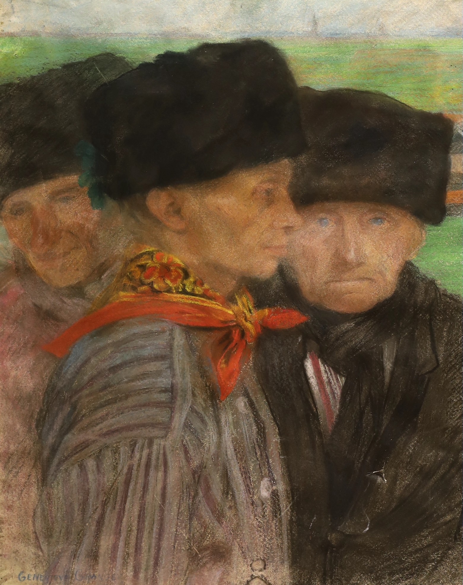 Geneviève Granger (1877-1967), pastel on paper, Study of three Dutchmen, signed, 61 x 50cm, unframed